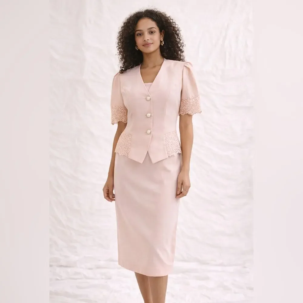 Vtg Blush Pink Lace Trim Skirt Suit Size 8 Short Sleeve Peplum Jacket Romantic